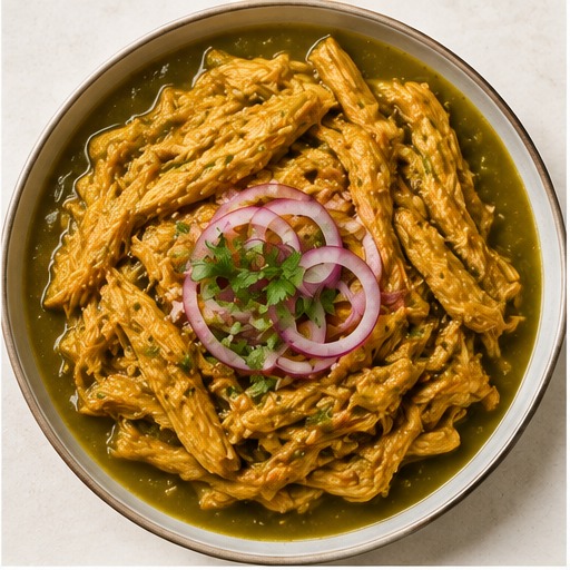 Pollo deshebrado en salsa verde con cebolla