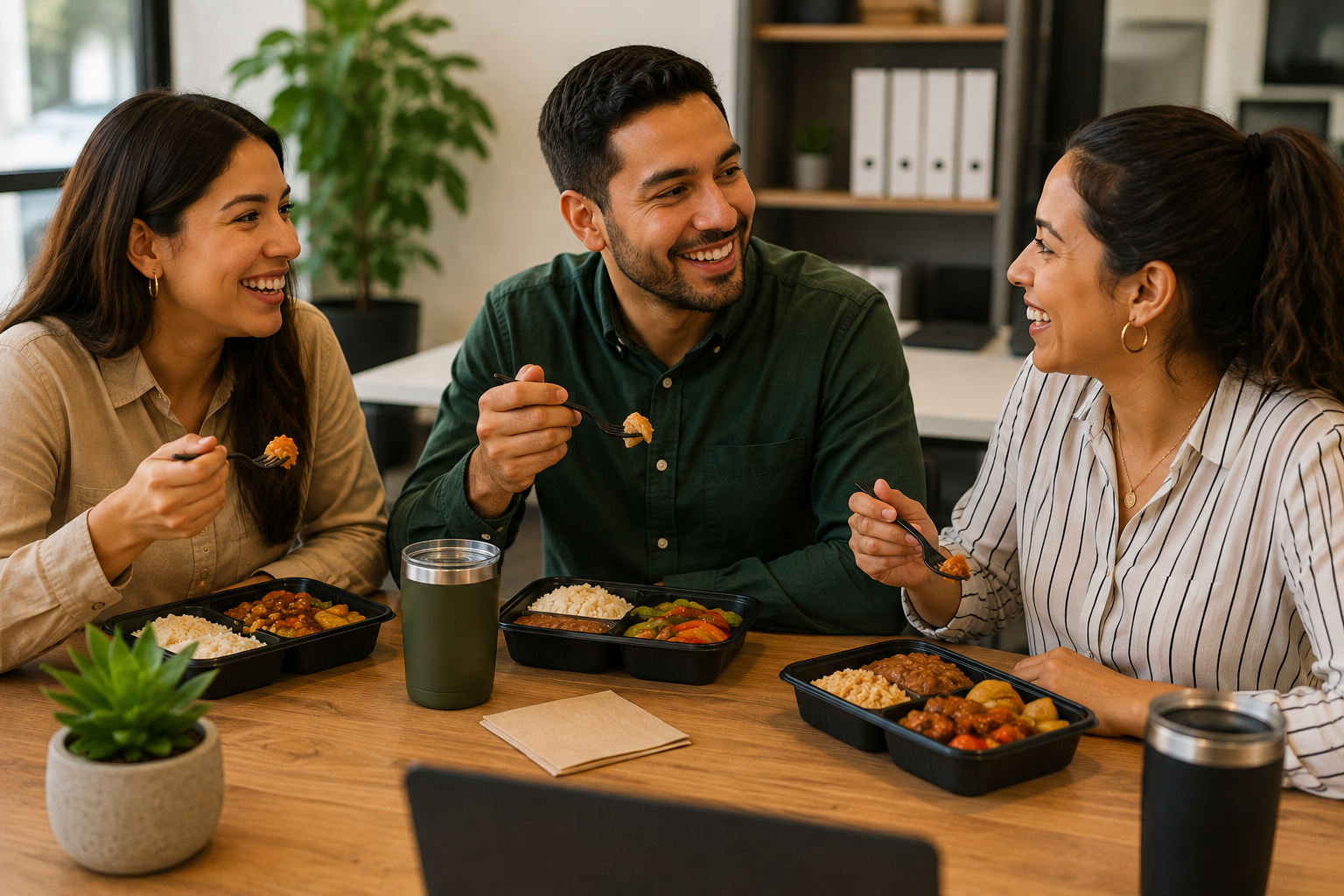 Equipo de oficina disfrutando comida casera entregada en su empresa