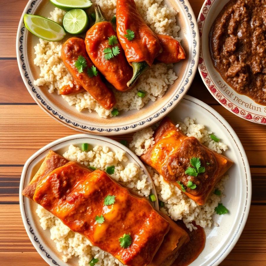 Chiles rellenos y enchiladas con arroz